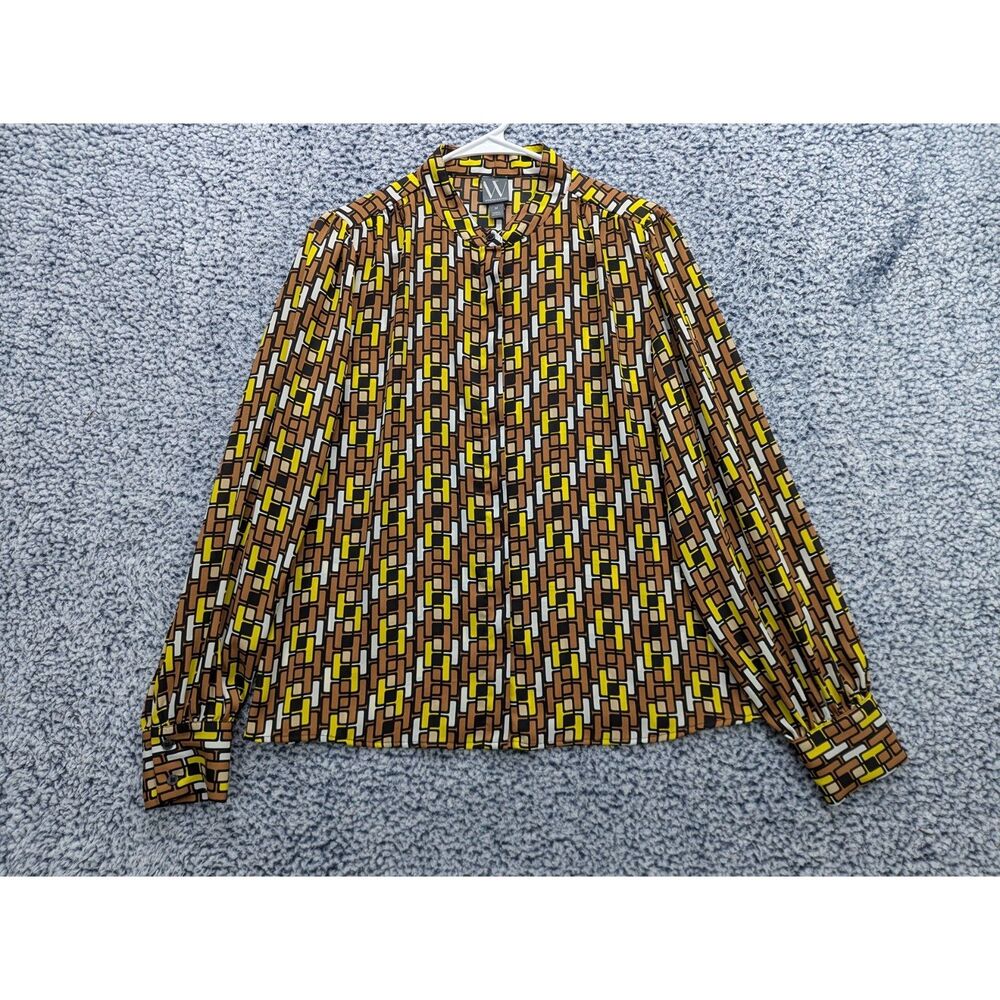 Worthington Chiffon Button Up Blouse Size M Long Sleeve Office 70s Funky Brown